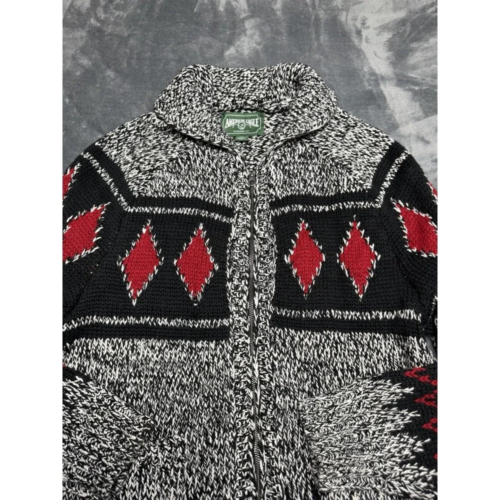 American Eagle Full Zip Cardigan Mens Large Black Red Fair Isle Shawl Sweater